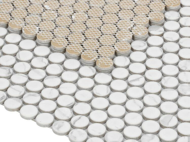 Orb Noon Statuario Matte Penny Round Handmade Porcelain Mosaic Tile-Porcelain Mosaic-American Tile Depot