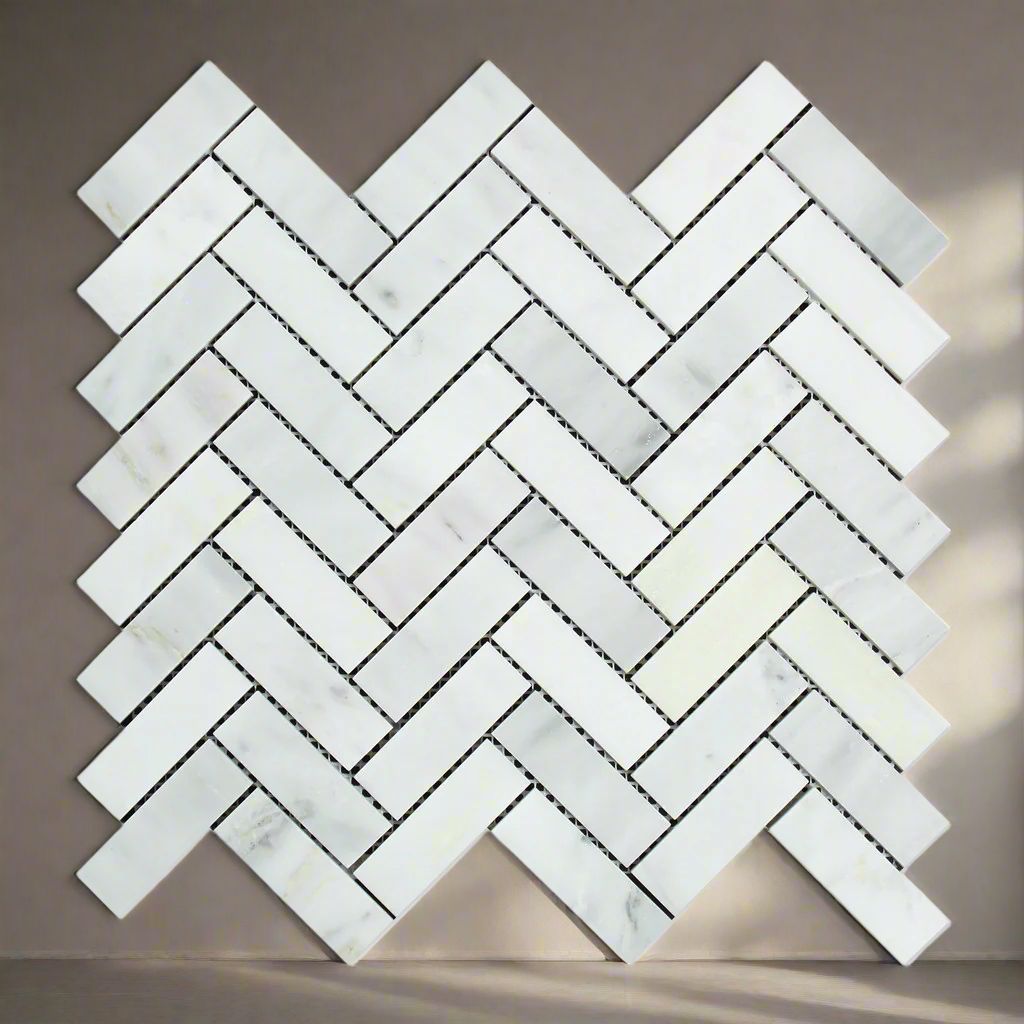 Oriental White / Asian Statuary Marble Honed 1 x 3 Herringbone Mosaic Tile-Marble Mosaic-American Tile Depot