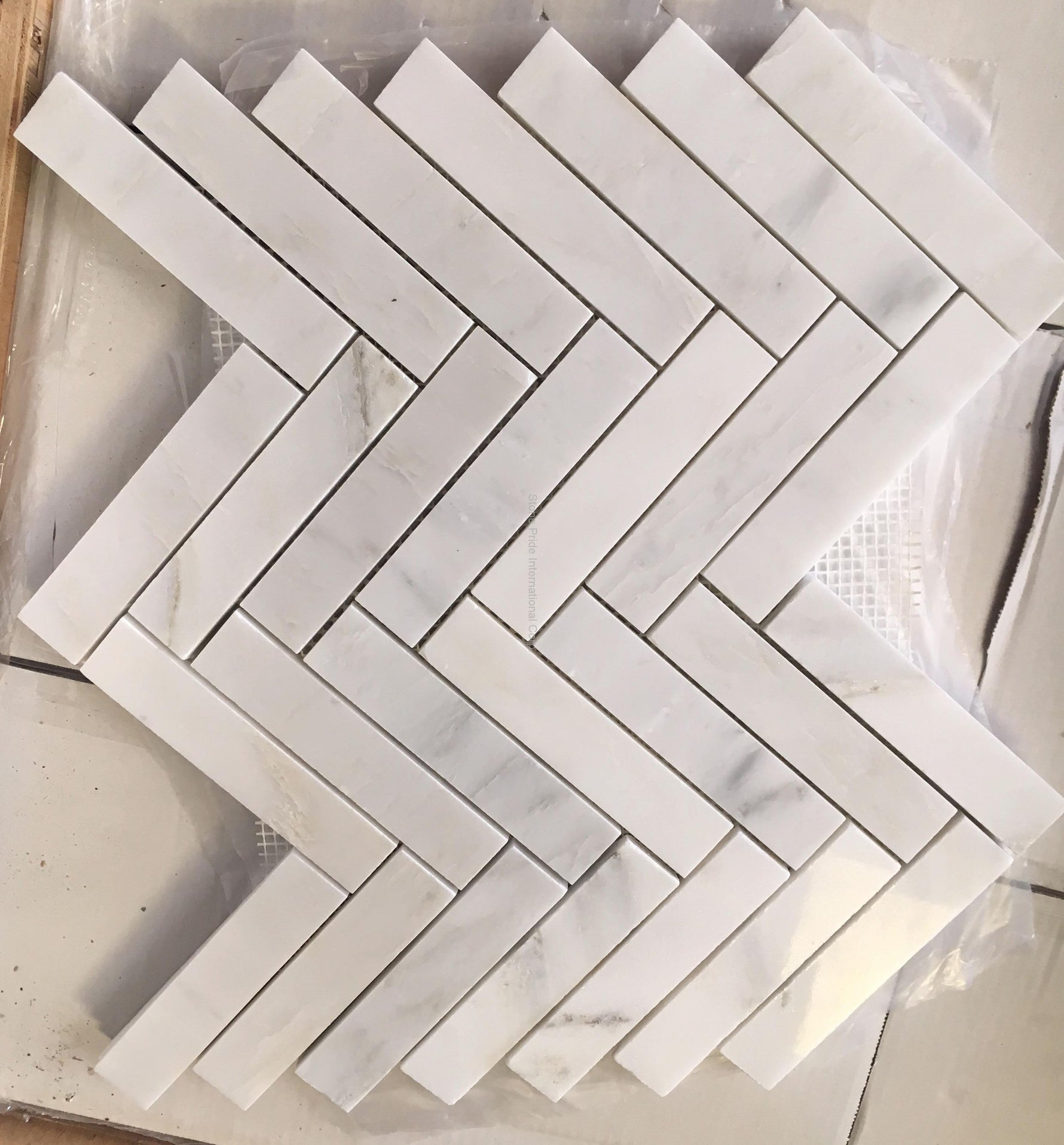 Oriental White / Asian Statuary Marble Honed 1.25 x 6 Herringbone Mosaic Tile-Marble Mosaic-American Tile Depot