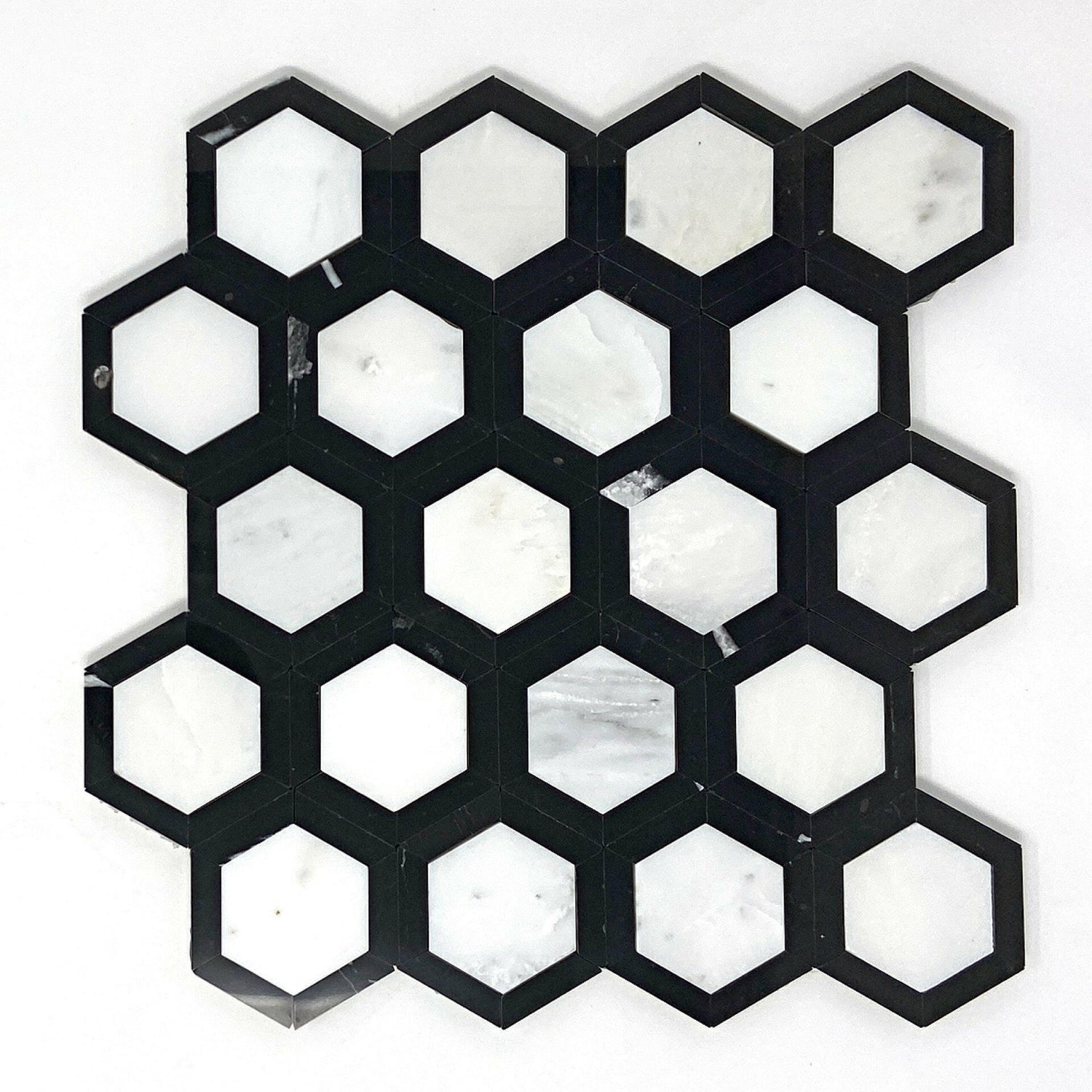 Oriental White / Asian Statuary Marble Honed 2" Vortex Hexagon Mosaic Tile w / Black-Marble Mosaic-American Tile Depot