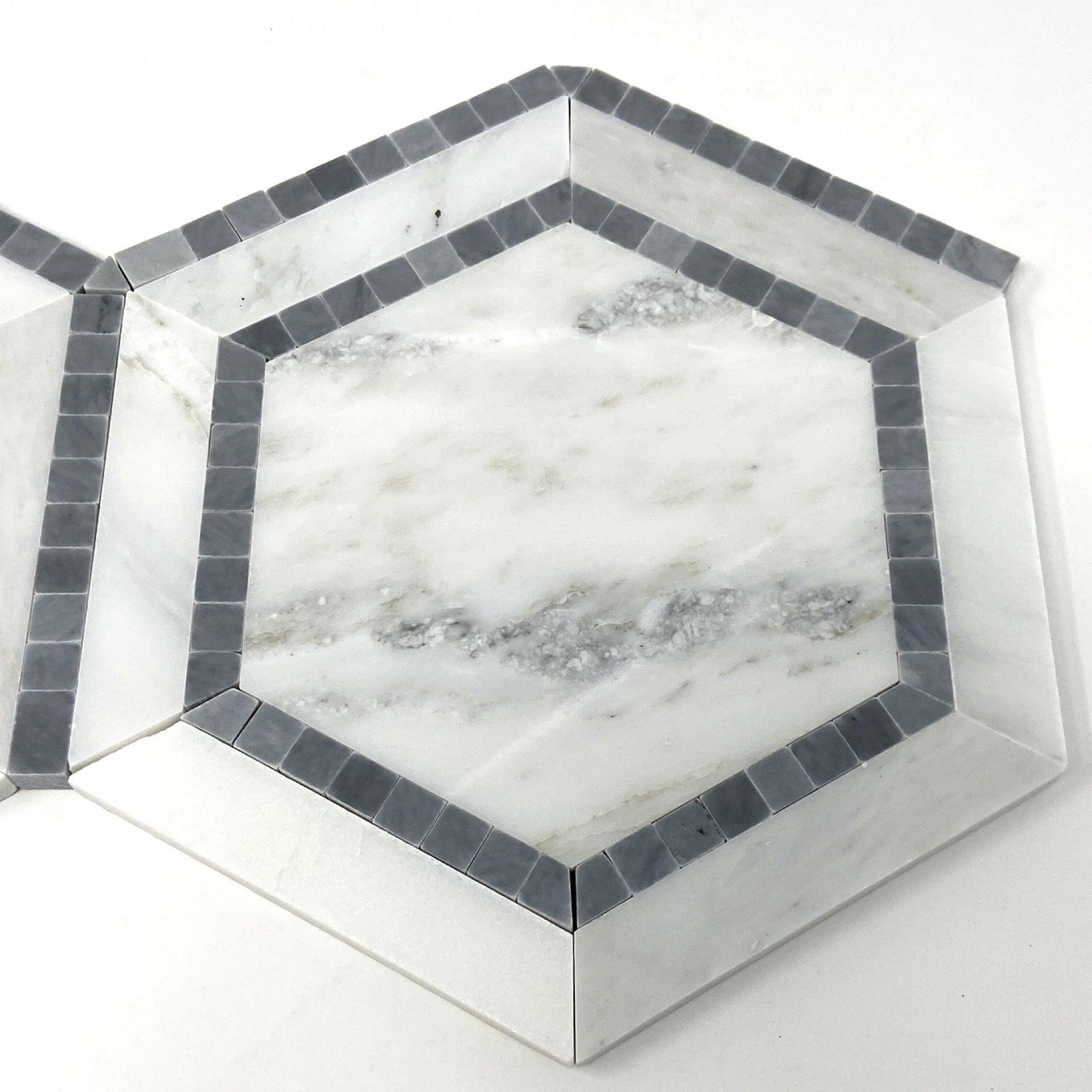 Oriental White / Asian Statuary Marble Honed 5" Hexagon Combination Mosaic Tile w / Blue-Marble Mosaic-American Tile Depot