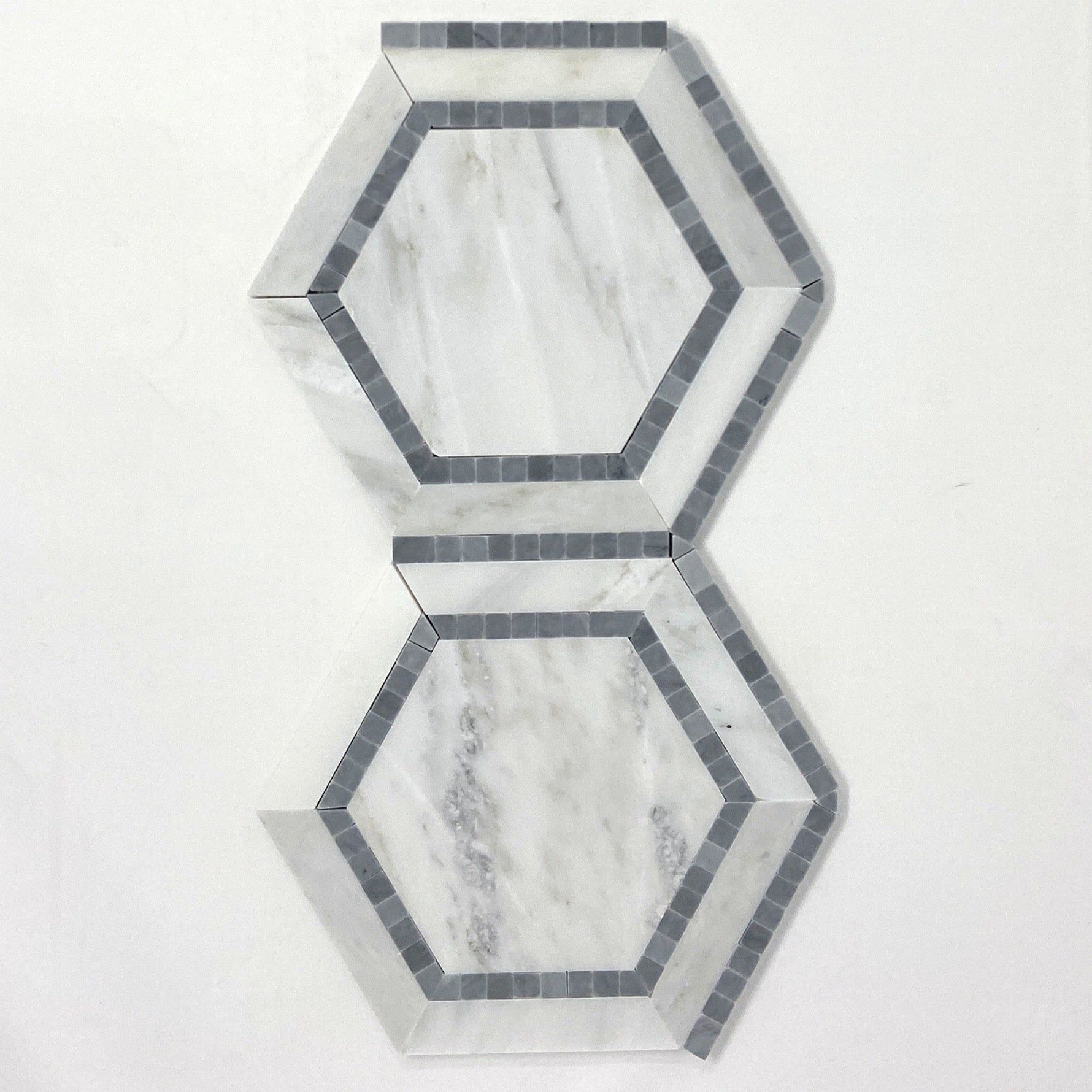 Oriental White / Asian Statuary Marble Honed 5" Hexagon Combination Mosaic Tile w / Blue-Marble Mosaic-American Tile Depot