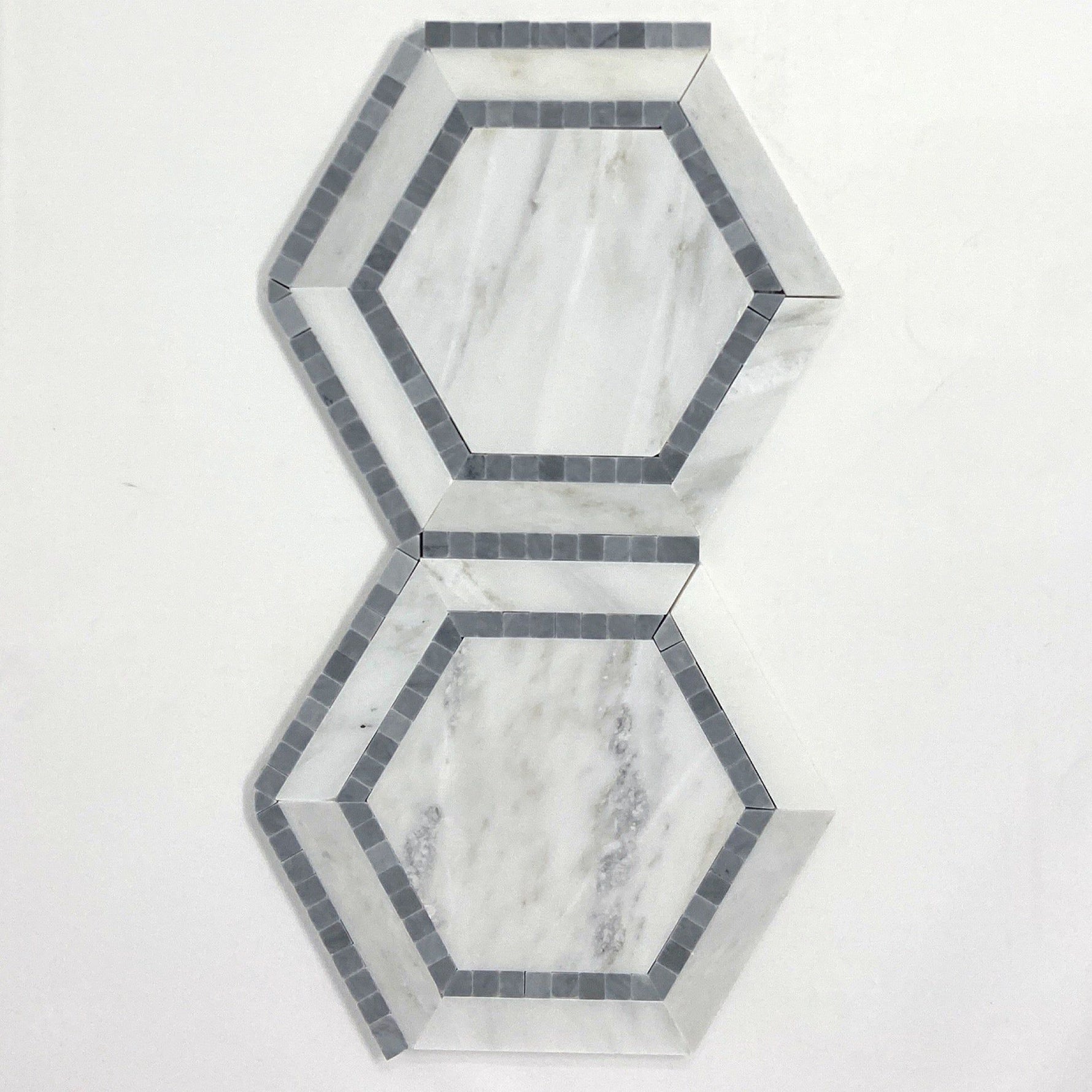 Oriental White / Asian Statuary Marble Honed 5" Hexagon Combination Mosaic Tile w / Blue-Marble Mosaic-American Tile Depot