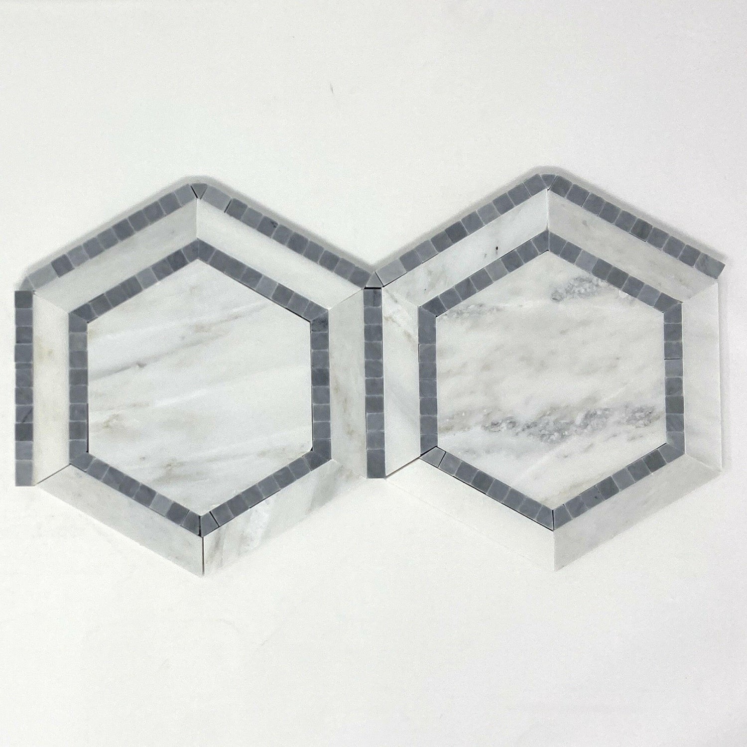 Oriental White / Asian Statuary Marble Honed 5" Hexagon Combination Mosaic Tile w / Blue-Marble Mosaic-American Tile Depot