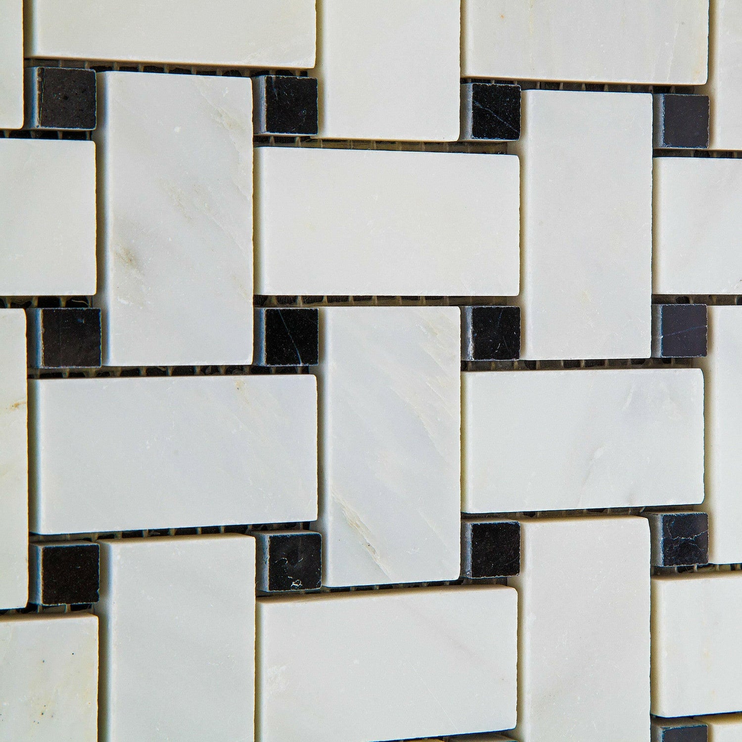 Oriental White / Asian Statuary Marble Honed Basketweave Mosaic Tile w/ Black Dots-Marble Mosaic-American Tile Depot