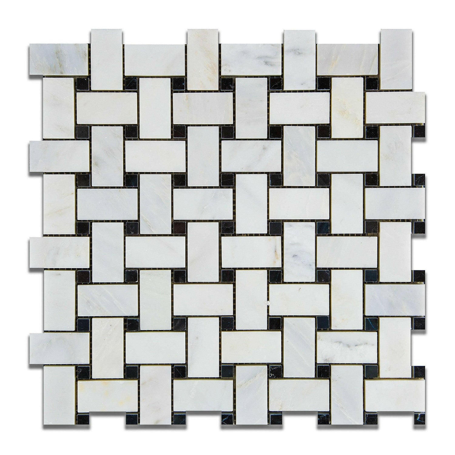 Oriental White / Asian Statuary Marble Honed Basketweave Mosaic Tile w/ Black Dots-Marble Mosaic-American Tile Depot