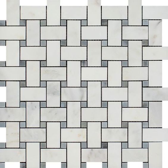 Oriental White / Asian Statuary Marble Honed Basketweave Mosaic Tile w/ Blue Gray Dots-Marble Mosaic-American Tile Depot