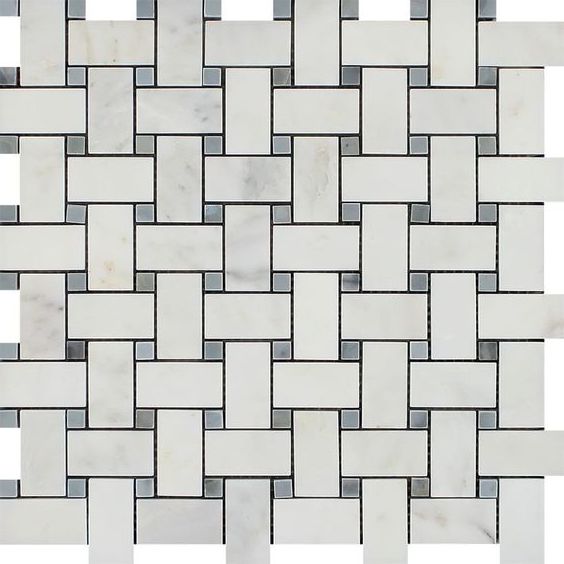 Oriental White / Asian Statuary Marble Honed Basketweave Mosaic Tile w/ Blue Gray Dots-Marble Mosaic-American Tile Depot