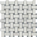 Oriental White / Asian Statuary Marble Honed Basketweave Mosaic Tile w/ Blue Gray Dots-Marble Mosaic-American Tile Depot