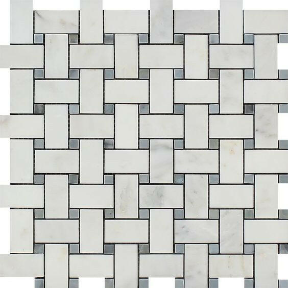 Oriental White / Asian Statuary Marble Honed Basketweave Mosaic Tile w/ Blue Gray Dots-Marble Mosaic-American Tile Depot