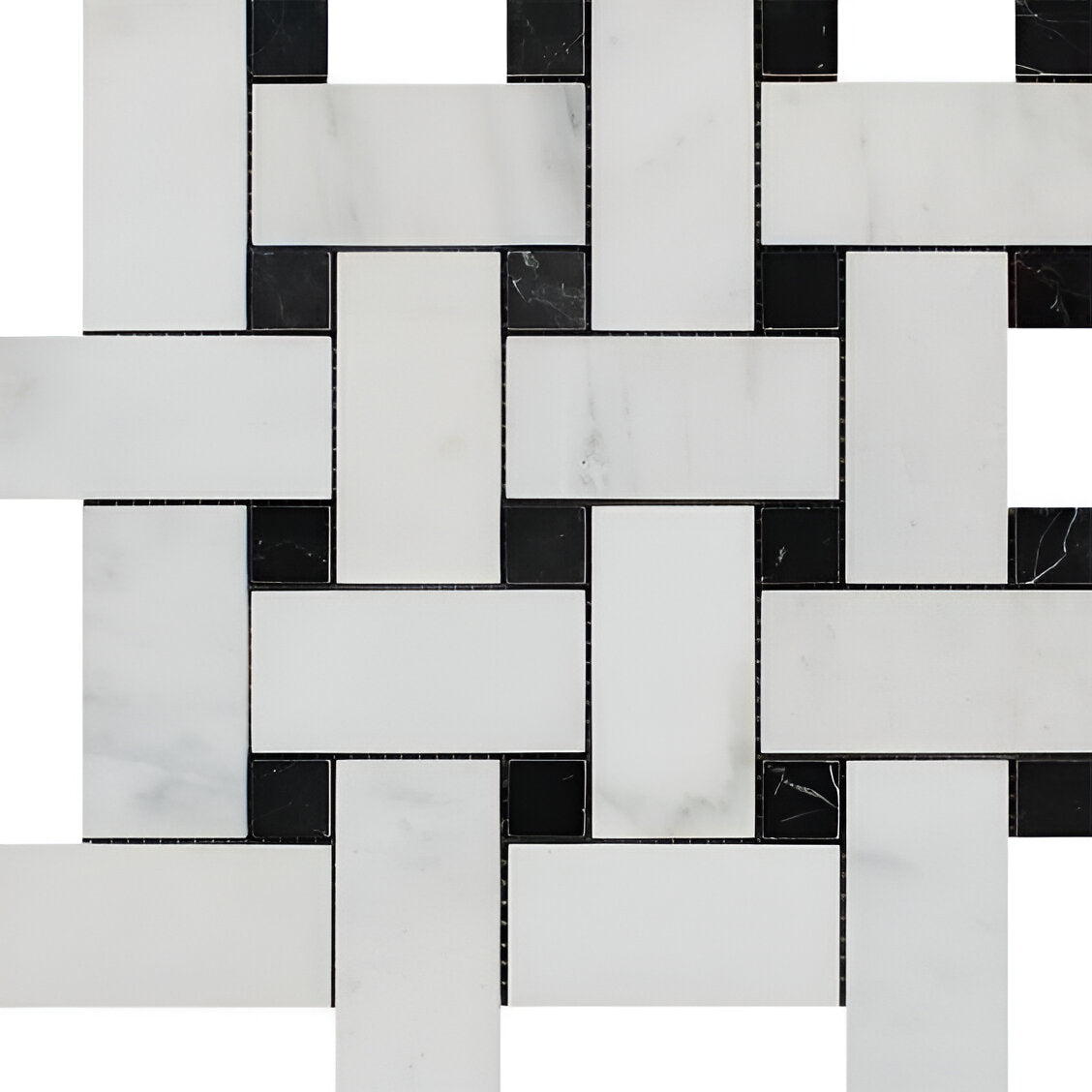 Oriental White / Asian Statuary Marble Honed Large Basketweave Mosaic Tile w / Black Dots-Marble Mosaic-American Tile Depot