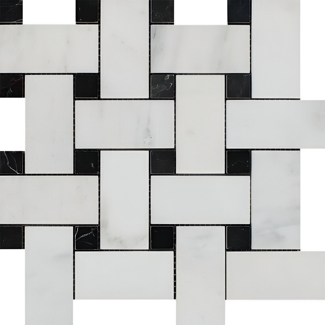 Oriental White / Asian Statuary Marble Honed Large Basketweave Mosaic Tile w / Black Dots-Marble Mosaic-American Tile Depot