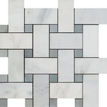 Oriental White / Asian Statuary Marble Honed Large Basketweave Mosaic Tile w / Blue Gray Dots-Marble Mosaic-American Tile Depot