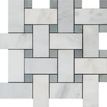 Oriental White / Asian Statuary Marble Honed Large Basketweave Mosaic Tile w / Blue Gray Dots-Marble Mosaic-American Tile Depot