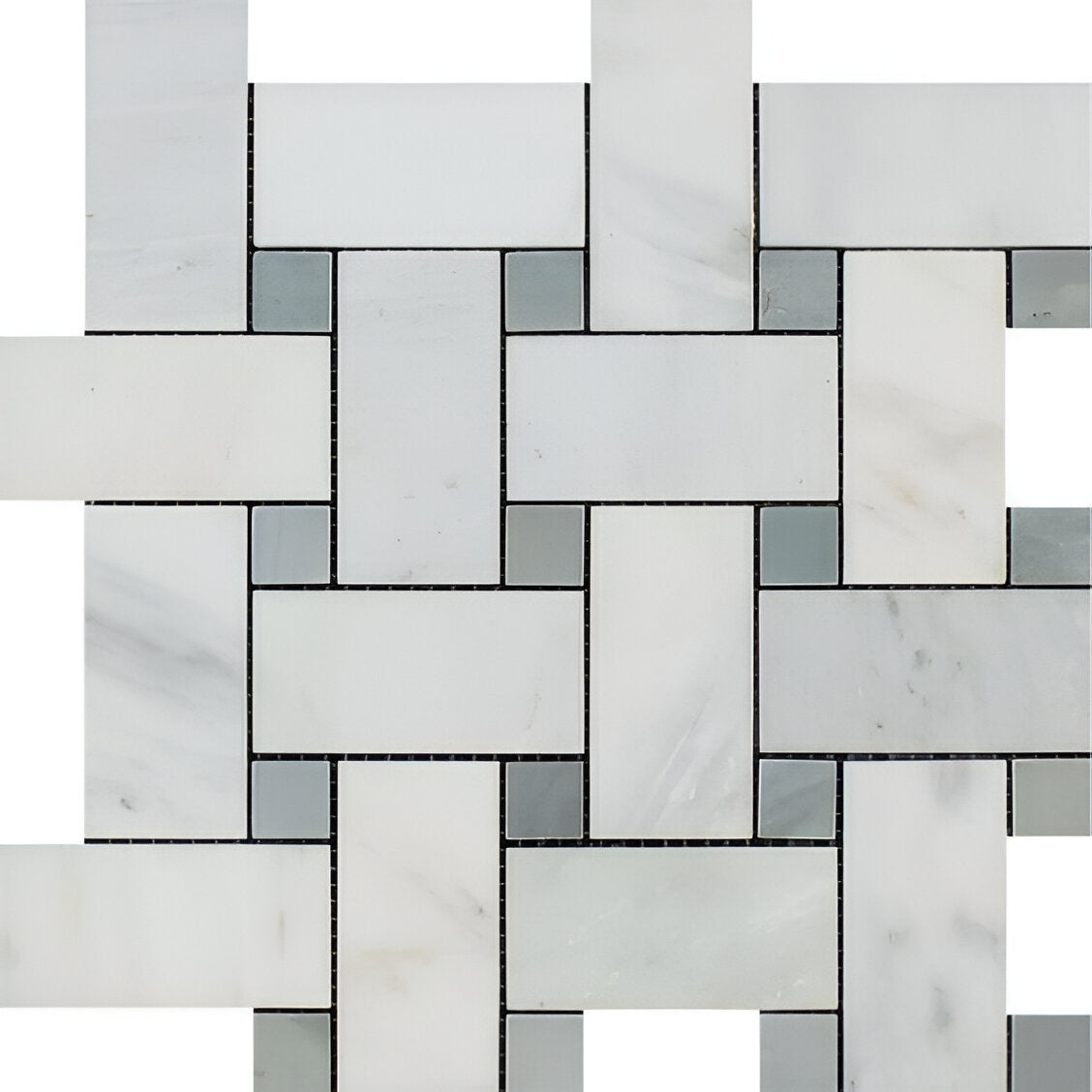 Oriental White / Asian Statuary Marble Honed Large Basketweave Mosaic Tile w / Blue Gray Dots-Marble Mosaic-American Tile Depot