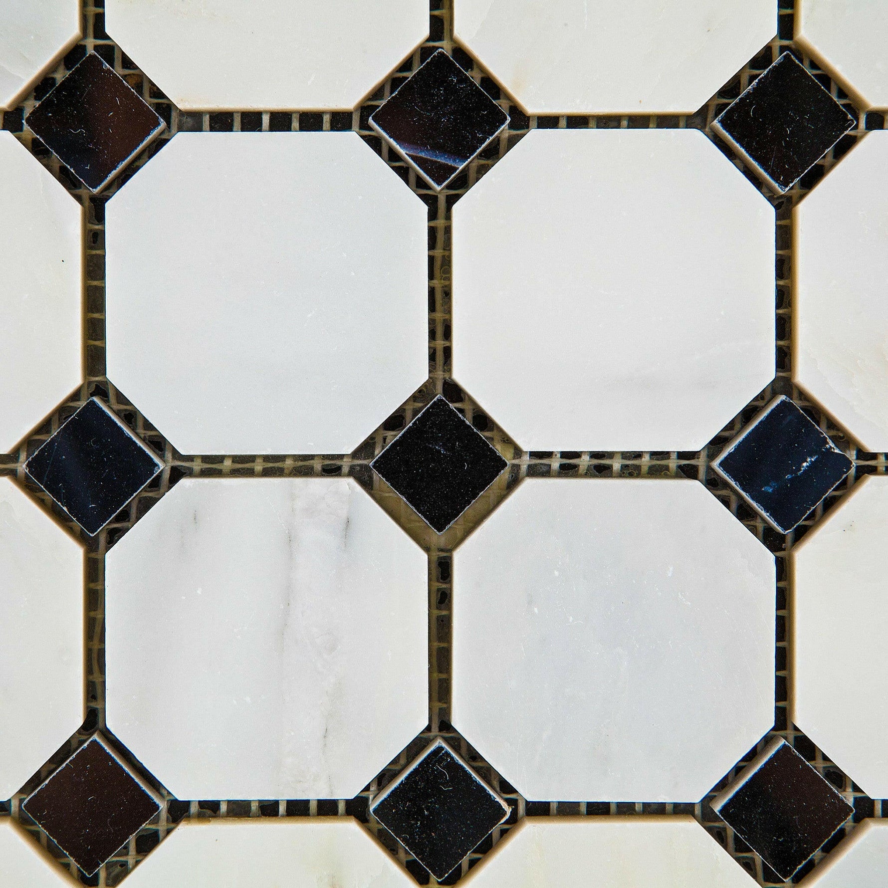 Oriental White / Asian Statuary Marble Honed Octagon Mosaic Tile w/ Black Dots-Marble Mosaic-American Tile Depot