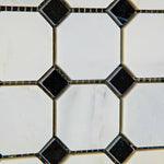 Oriental White / Asian Statuary Marble Honed Octagon Mosaic Tile w/ Black Dots-Marble Mosaic-American Tile Depot