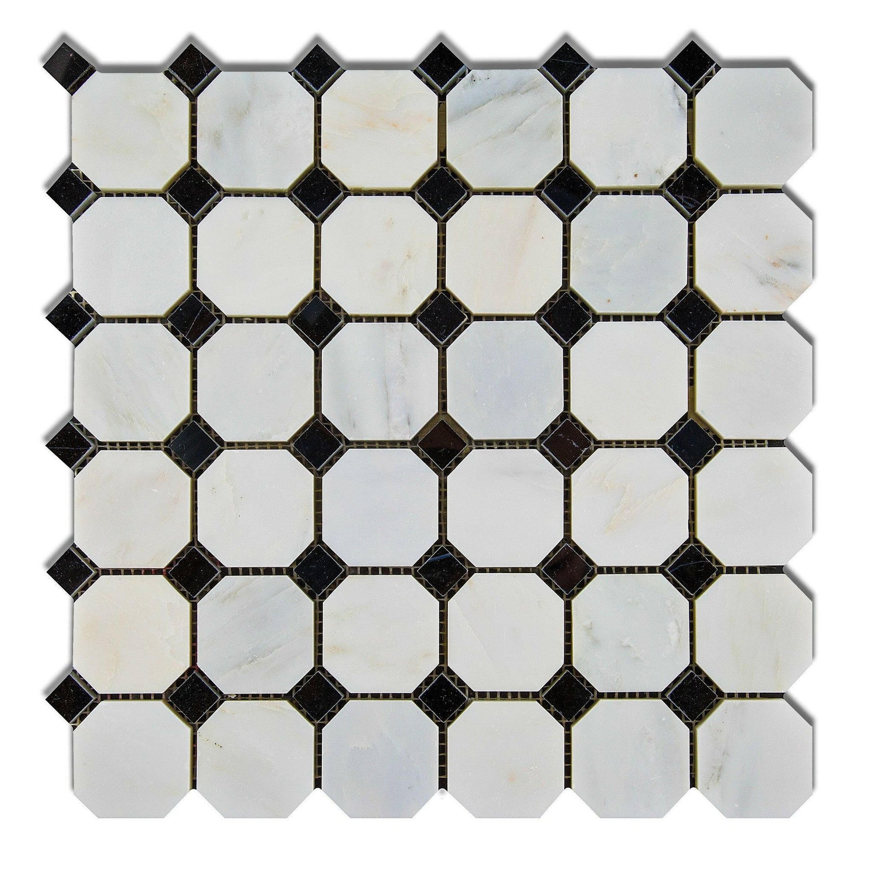 Oriental White / Asian Statuary Marble Honed Octagon Mosaic Tile w/ Black Dots-Marble Mosaic-American Tile Depot