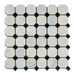 Oriental White / Asian Statuary Marble Honed Octagon Mosaic Tile w/ Black Dots-Marble Mosaic-American Tile Depot