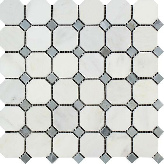 Oriental White / Asian Statuary Marble Honed Octagon Mosaic Tile w/ Blue Gray Dots-Marble Mosaic-American Tile Depot