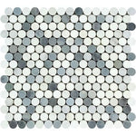 Oriental White / Asian Statuary Marble Honed Penny Round Mosaic Tile w / Blue Gray Dots-Marble Mosaic-American Tile Depot