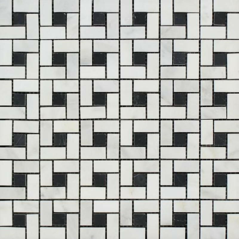 Oriental White / Asian Statuary Marble Honed Pinwheel Mosaic Tile w/ Black Dots-Marble Mosaic-American Tile Depot