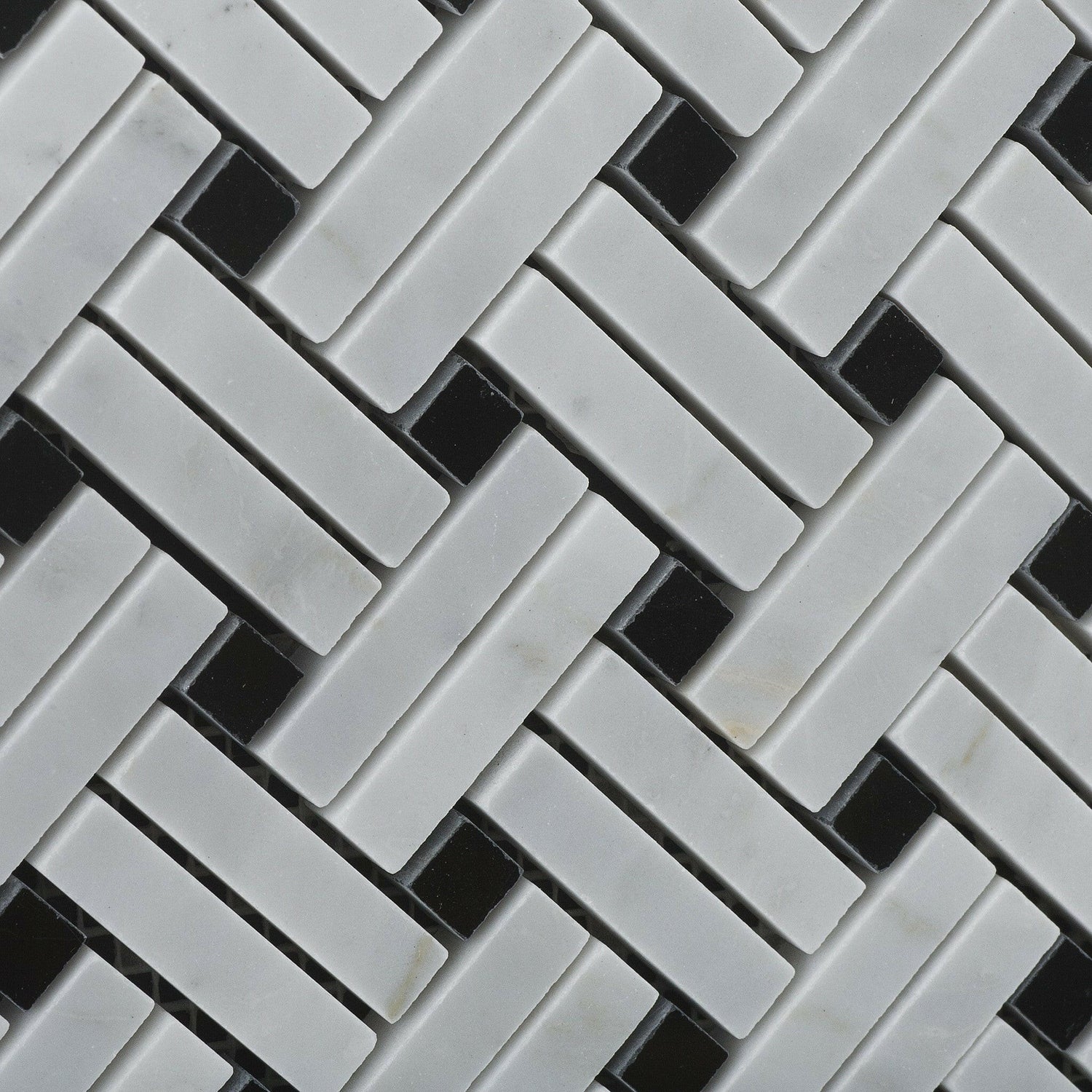 Oriental White / Asian Statuary Marble Honed Stanza Basketweave Mosaic Tile w / Black Dots-Marble Mosaic-American Tile Depot