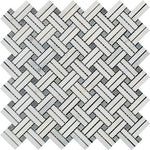 Oriental White / Asian Statuary Marble Honed Stanza Basketweave Mosaic Tile w / Blue-Gray Dots-Marble Mosaic-American Tile Depot