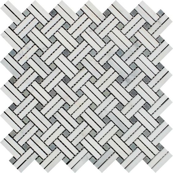 Oriental White / Asian Statuary Marble Honed Stanza Basketweave Mosaic Tile w / Blue-Gray Dots-Marble Mosaic-American Tile Depot