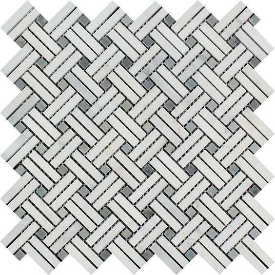 Oriental White / Asian Statuary Marble Honed Stanza Basketweave Mosaic Tile w / Blue-Gray Dots-Marble Mosaic-American Tile Depot