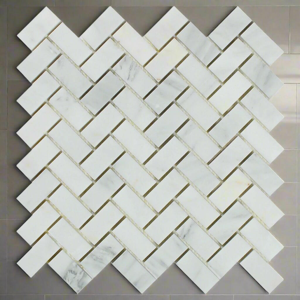 Oriental White / Asian Statuary Marble Polished 1 x 2 Herringbone Mosaic Tile-Marble Mosaic-American Tile Depot