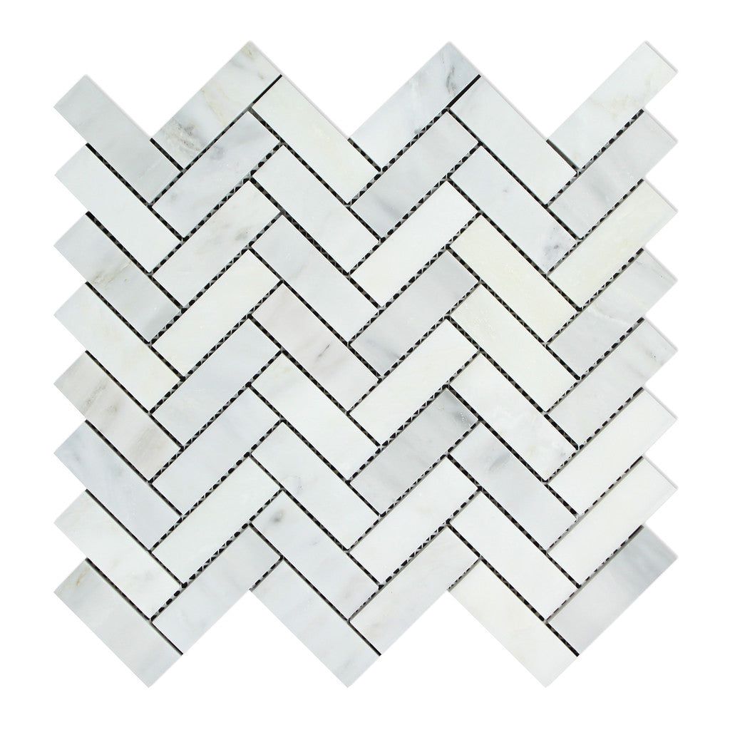 Oriental White / Asian Statuary Marble Polished 1 x 3 Herringbone Mosaic Tile-Marble Mosaic-American Tile Depot