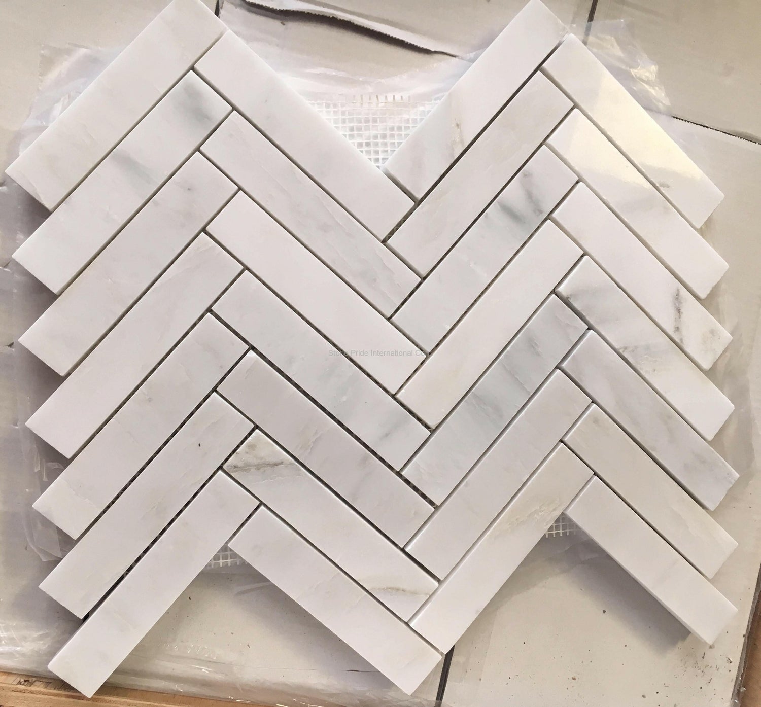 Oriental White / Asian Statuary Marble Polished 1.25 x 6 Herringbone Mosaic Tile-Marble Mosaic-American Tile Depot