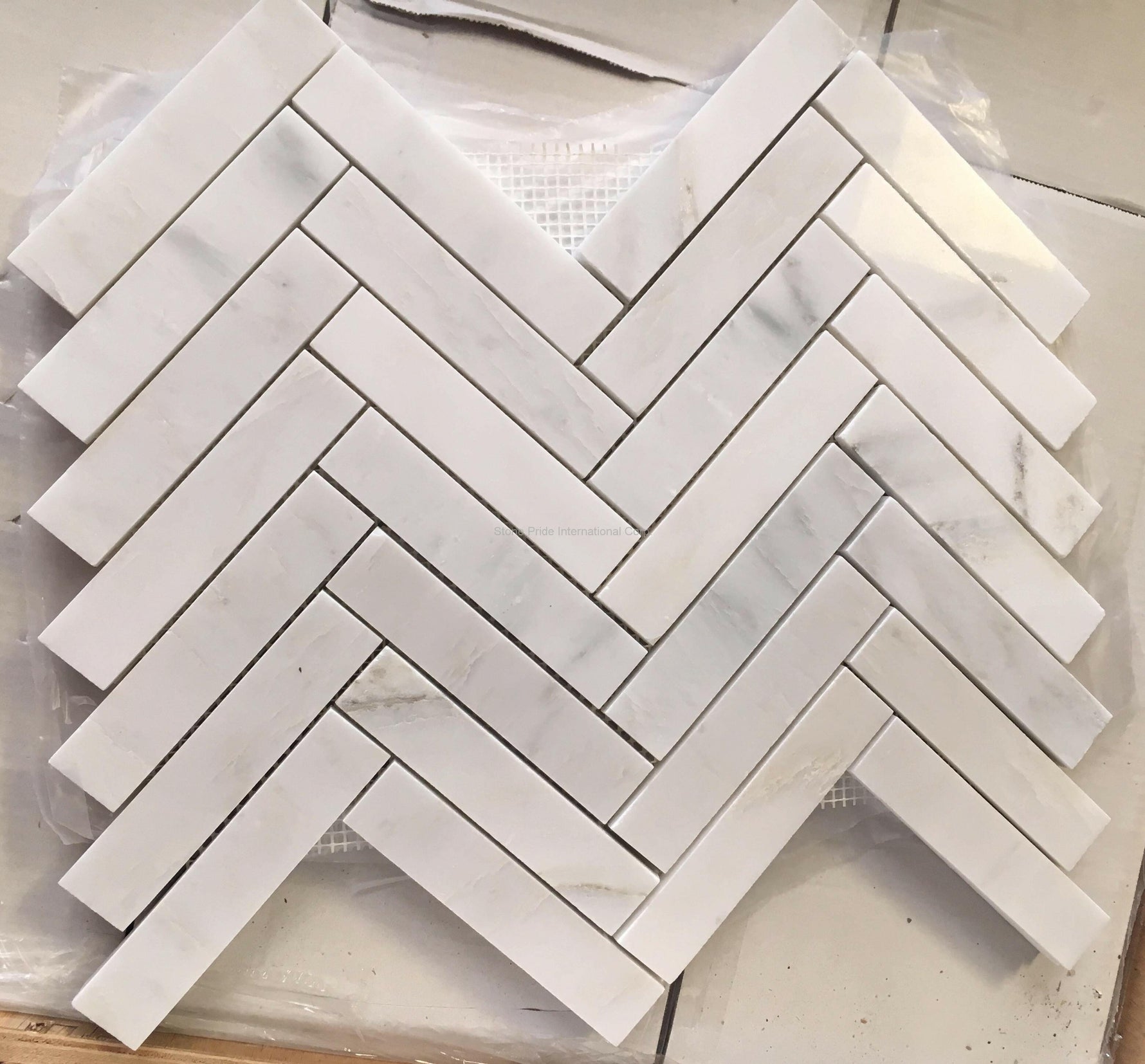 Oriental White / Asian Statuary Marble Polished 1.25 x 6 Herringbone Mosaic Tile-Marble Mosaic-American Tile Depot