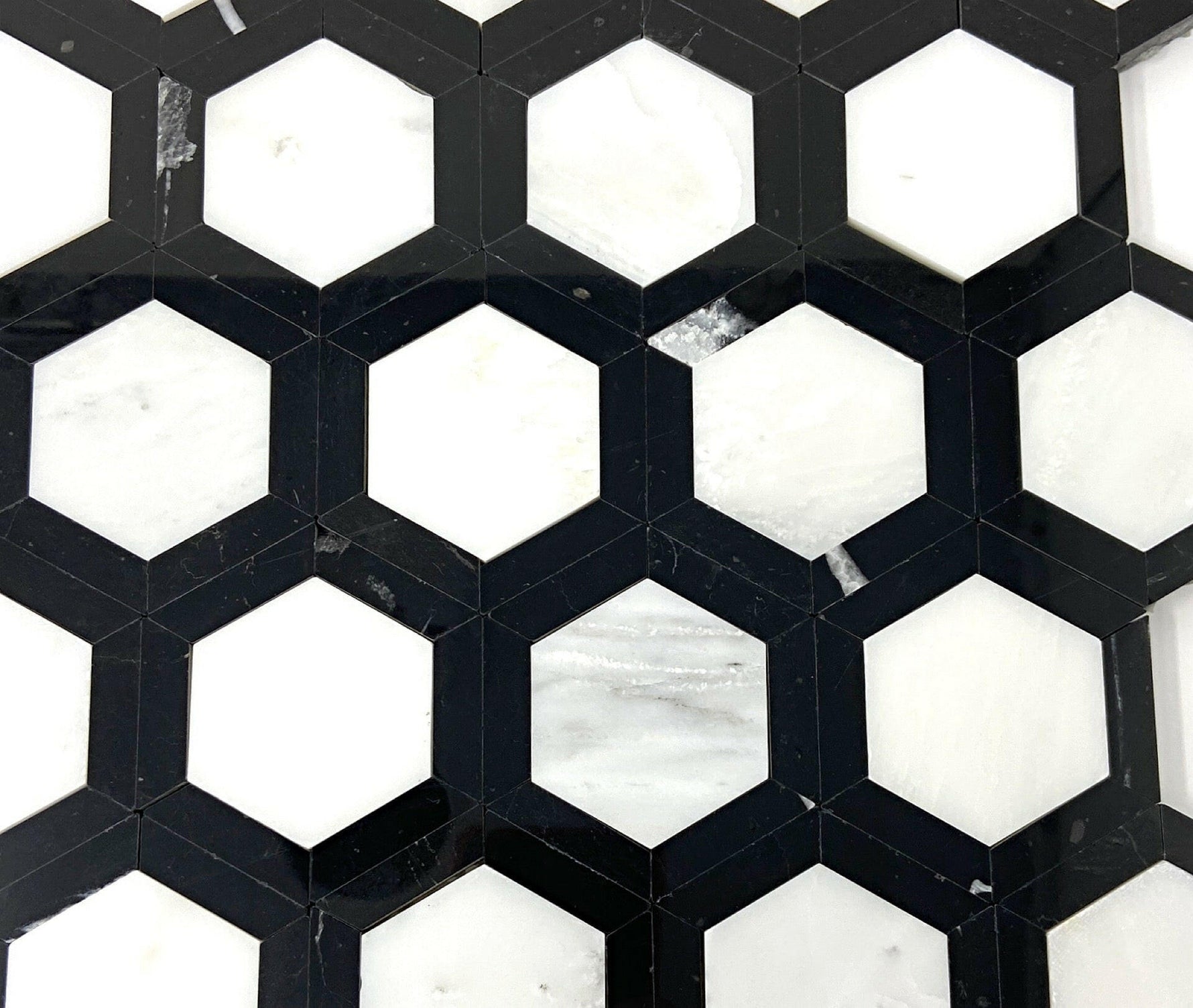 Oriental White / Asian Statuary Marble Polished 2" Vortex Hexagon Mosaic Tile w / Black-Marble Mosaic-American Tile Depot