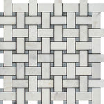 Oriental White / Asian Statuary Marble Polished Basketweave Mosaic Tile w/ Blue Gray Dots-Marble Mosaic-American Tile Depot