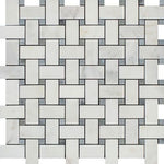 Oriental White / Asian Statuary Marble Polished Basketweave Mosaic Tile w/ Blue Gray Dots-Marble Mosaic-American Tile Depot