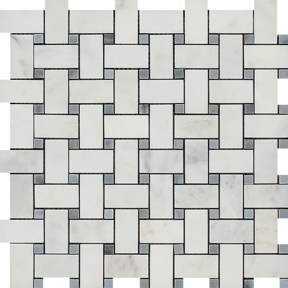 Oriental White / Asian Statuary Marble Polished Basketweave Mosaic Tile w/ Blue Gray Dots-Marble Mosaic-American Tile Depot