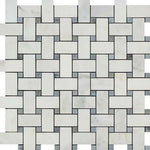 Oriental White / Asian Statuary Marble Polished Basketweave Mosaic Tile w/ Blue Gray Dots-Marble Mosaic-American Tile Depot