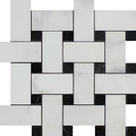 Oriental White / Asian Statuary Marble Polished Large Basketweave Mosaic Tile w / Black Dots-Marble Mosaic-American Tile Depot