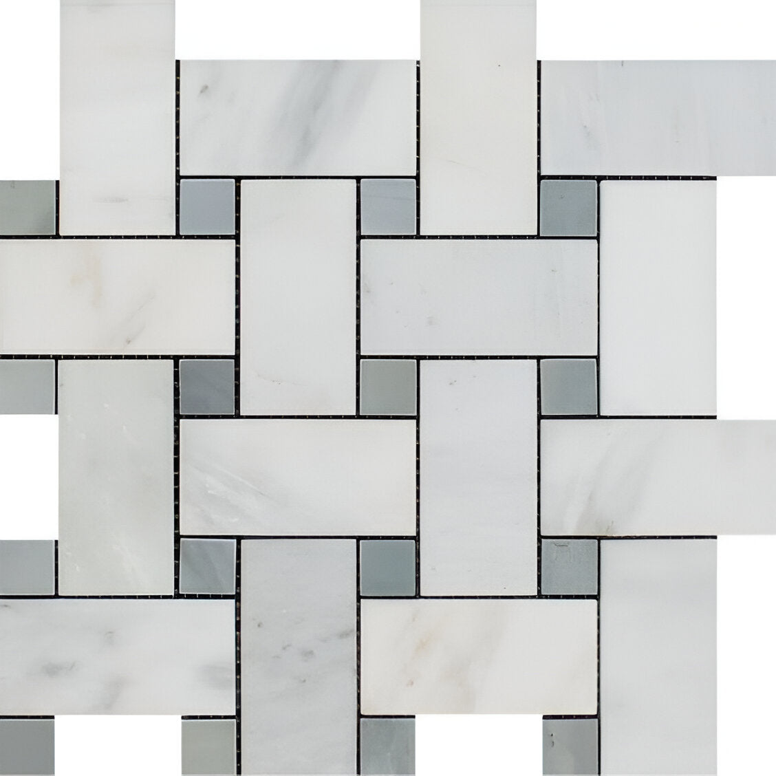 Oriental White / Asian Statuary Marble Polished Large Basketweave Mosaic Tile w / Blue Gray Dots-Marble Mosaic-American Tile Depot