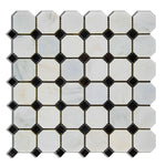 Oriental White / Asian Statuary Marble Polished Octagon Mosaic Tile w/ Black Dots-Marble Mosaic-American Tile Depot