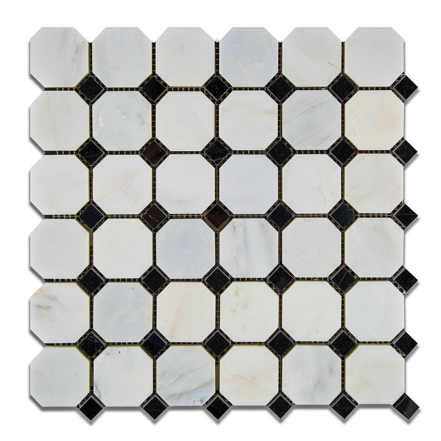 Oriental White / Asian Statuary Marble Polished Octagon Mosaic Tile w/ Black Dots-Marble Mosaic-American Tile Depot