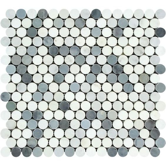 Oriental White / Asian Statuary Marble Polished Penny Round Mosaic Tile w / Blue Gray Dots-Marble Mosaic-American Tile Depot