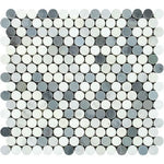 Oriental White / Asian Statuary Marble Polished Penny Round Mosaic Tile w / Blue Gray Dots-Marble Mosaic-American Tile Depot