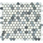 Oriental White / Asian Statuary Marble Polished Penny Round Mosaic Tile w / Blue Gray Dots-Marble Mosaic-American Tile Depot