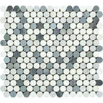 Oriental White / Asian Statuary Marble Polished Penny Round Mosaic Tile w / Blue Gray Dots-Marble Mosaic-American Tile Depot