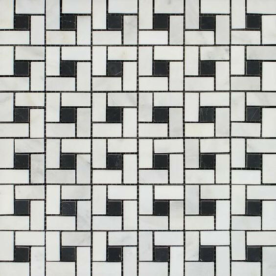 Oriental White / Asian Statuary Marble Polished Pinwheel Mosaic Tile w/ Black Dots-Marble Mosaic-American Tile Depot