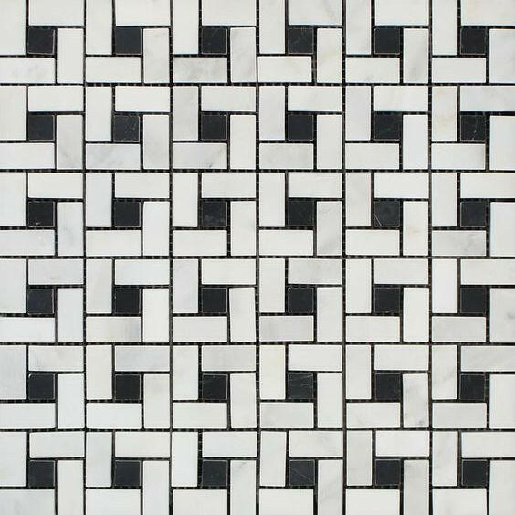 Oriental White / Asian Statuary Marble Polished Pinwheel Mosaic Tile w/ Black Dots-Marble Mosaic-American Tile Depot