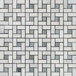 Oriental White / Asian Statuary Marble Polished Pinwheel Mosaic Tile w/ Blue Gray Dots-Marble Mosaic-American Tile Depot